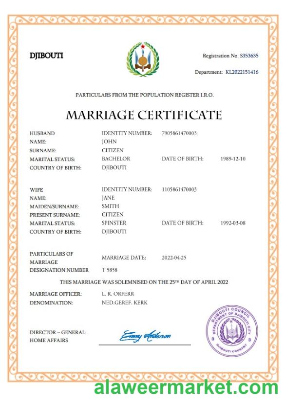 Djibouti marriage certificate Word and PDF template